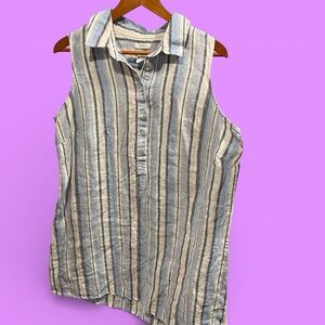 Cute linen stripe breezy button front sleeveless shirt dress coastal beach pool